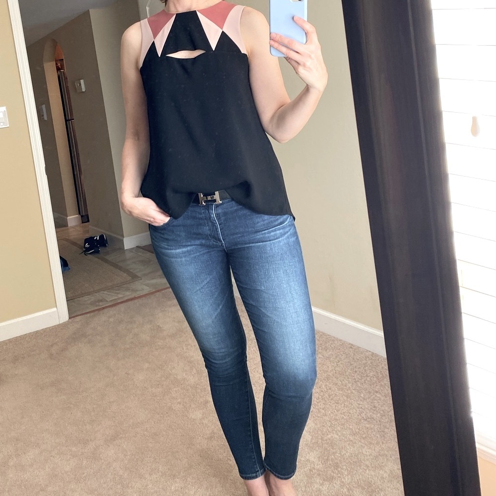 BCBGMAXAZRIA color block blouse with sexy details